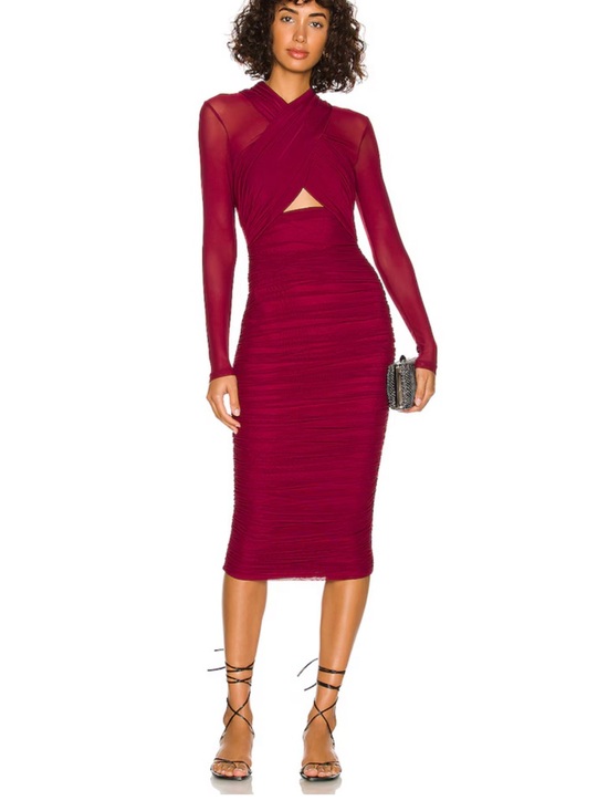 Bardot Dresses & Skirts - Bardot Wine Mesh-Sleeve Ruched Midi Dress